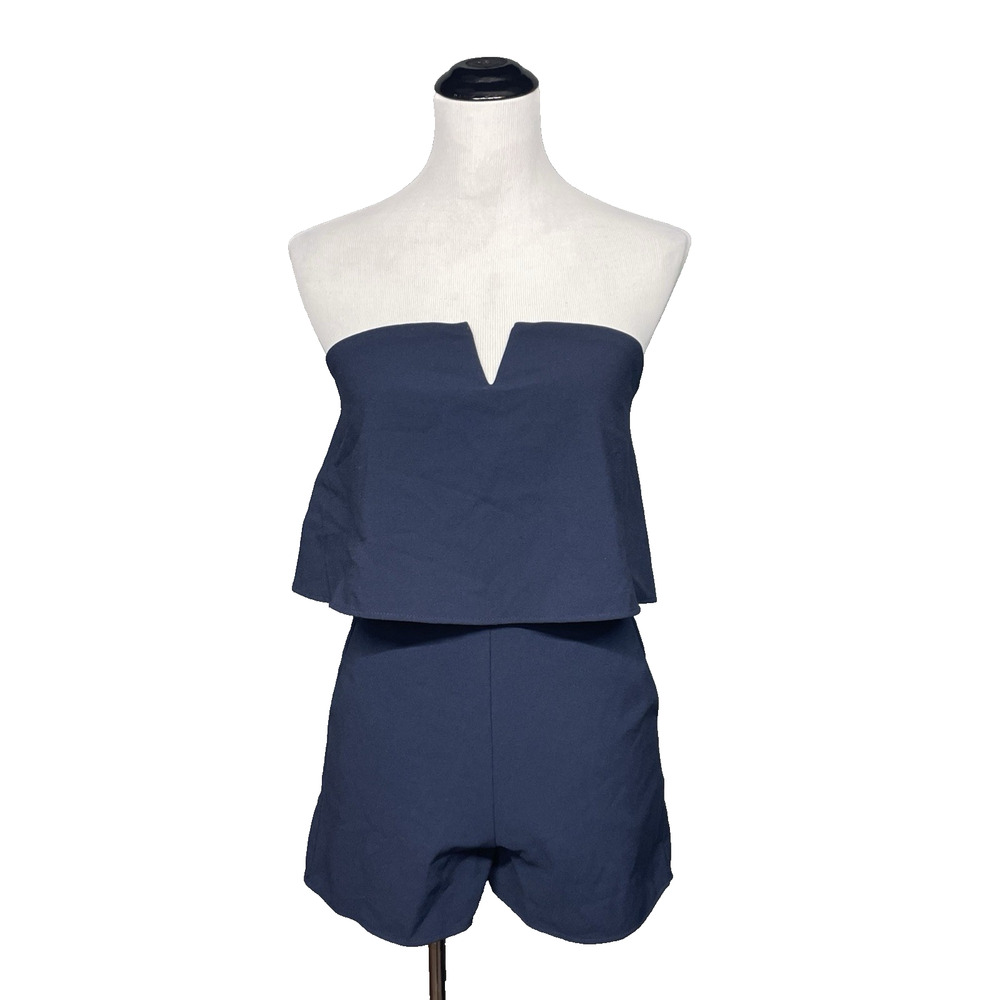 NWT Aqua Only Ours Sz SM Strapless Popover Romper Navy Notched V-Neck Bloomie's